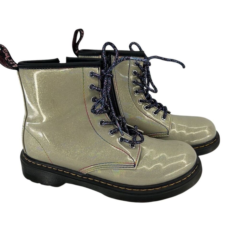 Dr. Martens Kids Girls Silver Glitter Lace-Up Boots Size 3 Casual EUC